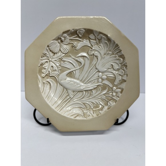 Vintage Italian Plate Capodimonte Style Heron Lotus Octagonal Cream Art Pottery